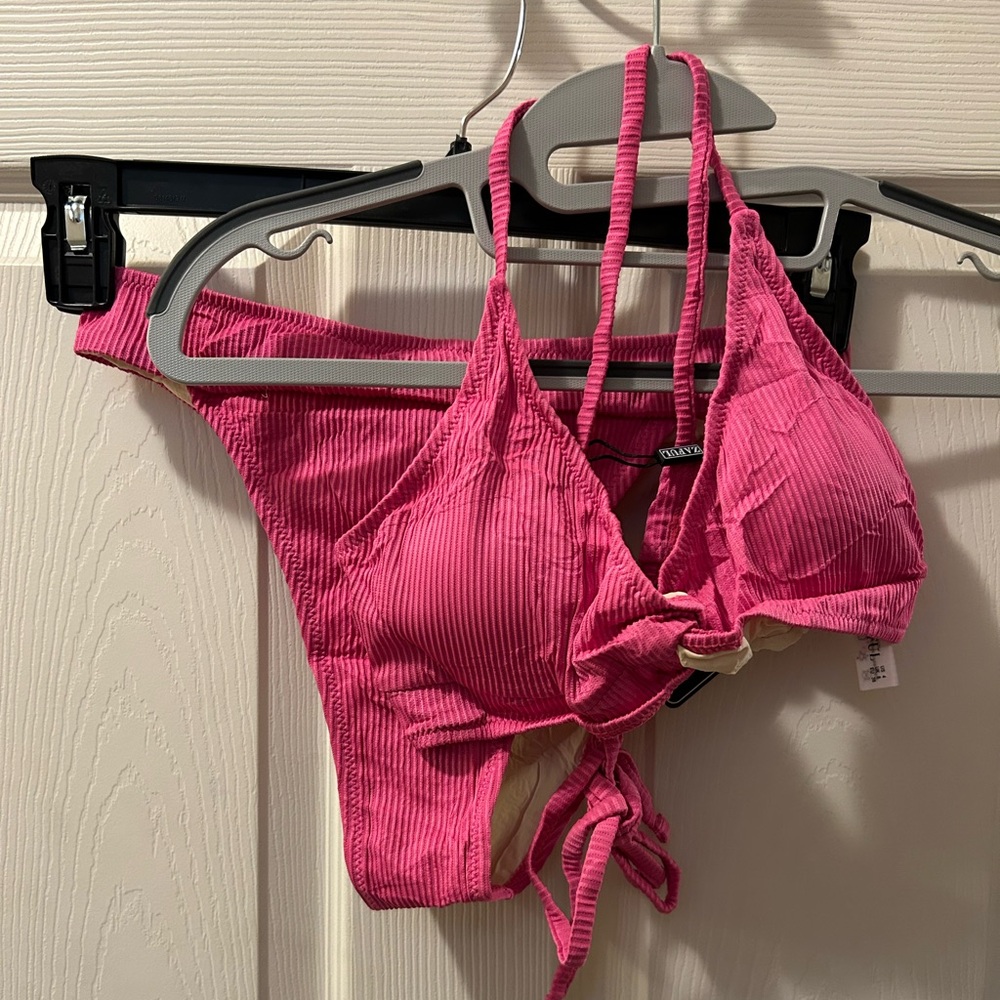 Small Women's Pink 2 Piece Bathing Suit Bikini Set Ribbed Texture Zaful Amazon